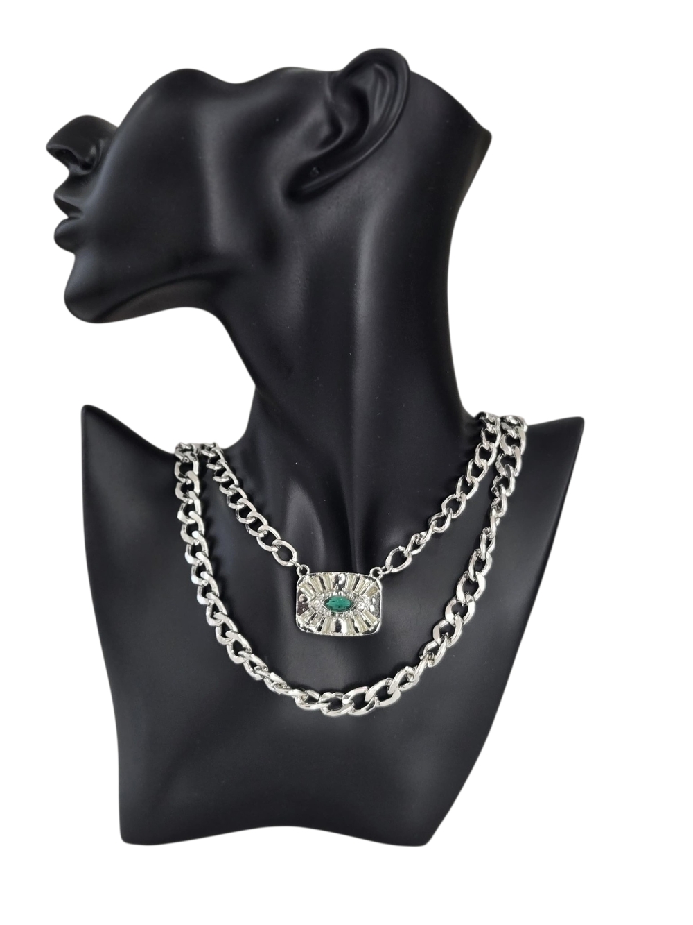 Double-Layer Silver-Tone Chain Necklace with Green Stone Pendant